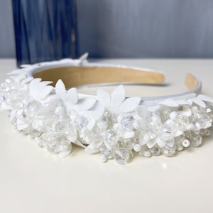 Flowers Beaded White Headbands Women Satin Hair Band Crown Accessories Gift