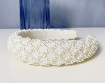 Beaded Pearl Headbands Women Hair Band Accessories Gift White/Black Pearl Padded Headband Crown