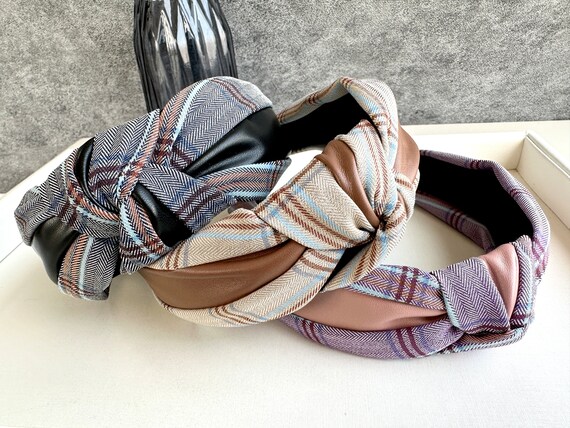 Top Knot Headband,vintage Leather Wide Headband,plaid  display picture 3