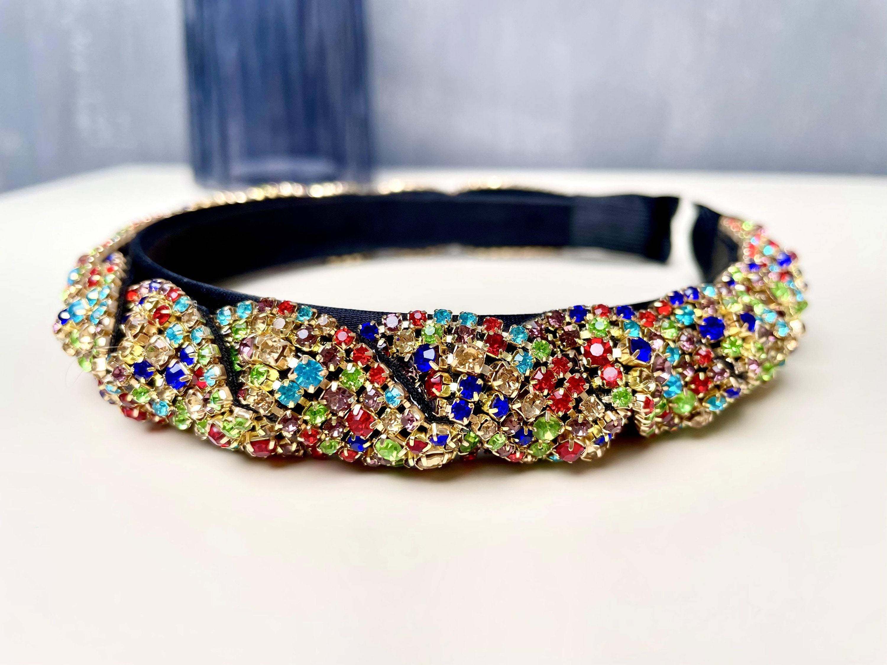 Bling Black Rhinestone Headband Crown Hair Band Women Braided Etsy