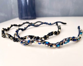 Crystal Rhinestone Headbands,Navy blue Headbands,Thin Hair band,Women Wavy Shape Headband,Crowns Headband,Jewelry Hair Hoop