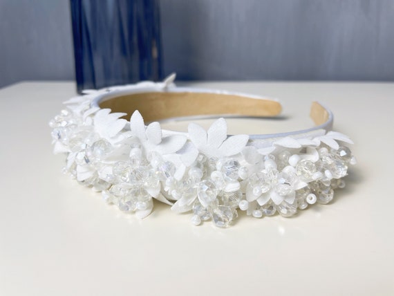Flowers Beaded White Headbands Women Satin Hair Band Crown  display picture 1