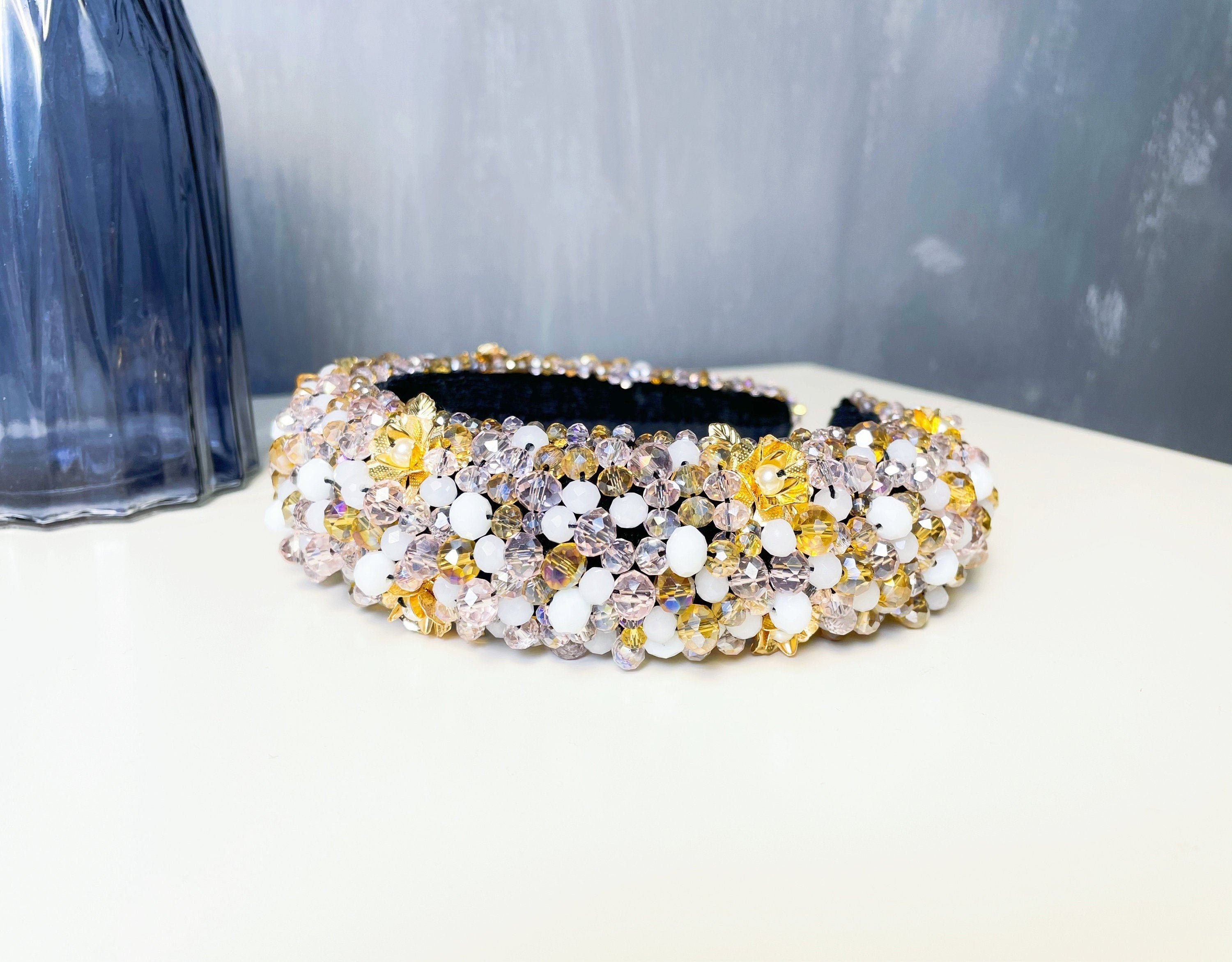 Fascia Per Capelli Larga Con Strisse E Cristalli - Accessorio Donna Matrimonio, Festa, Vintage, Colore Nero