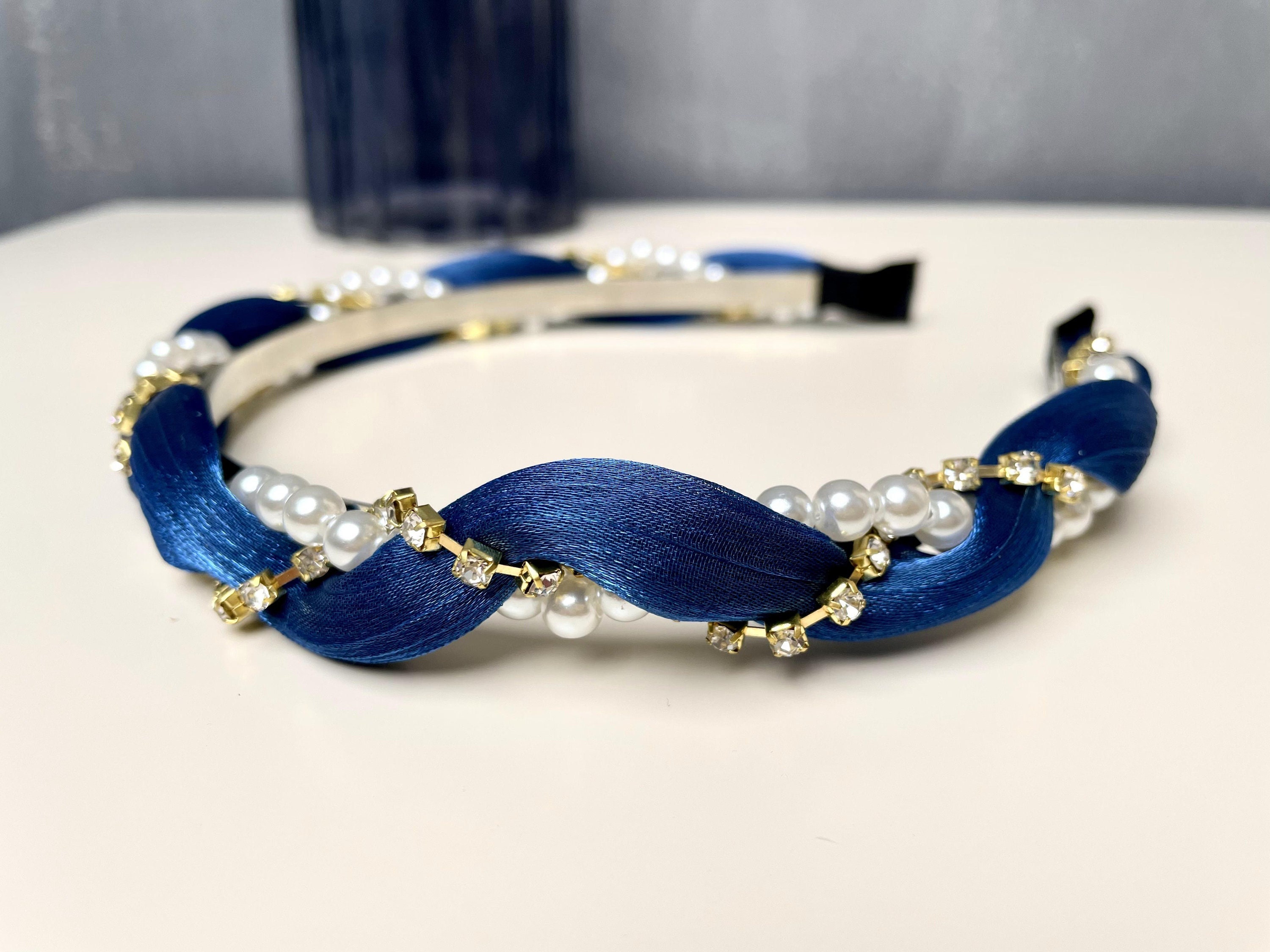 Muted Blue Pearl Beaded Knot Velvet Headband Handmade Bridal Wedding Bridesmaid blue-headband-velvet-headband-  main image 2