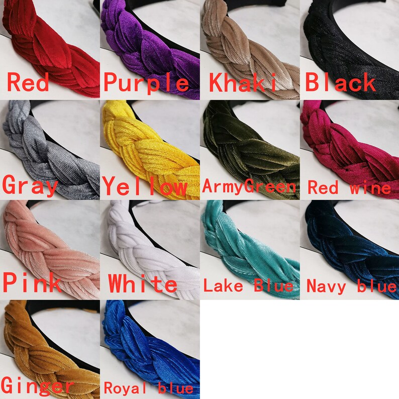 May include: A set of 12 braided velvet headbands in various colors, including red, purple, khaki, black, gray, yellow, army green, red wine, pink, white, lake blue, navy blue, ginger, and royal blue.