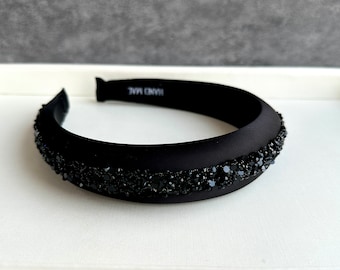 Fasce per capelli in raso nero, fasce per capelli imbottite, fasce per capelli boho, fasce per capelli con strass, fasce per capelli per le feste, fasce per capelli da donna