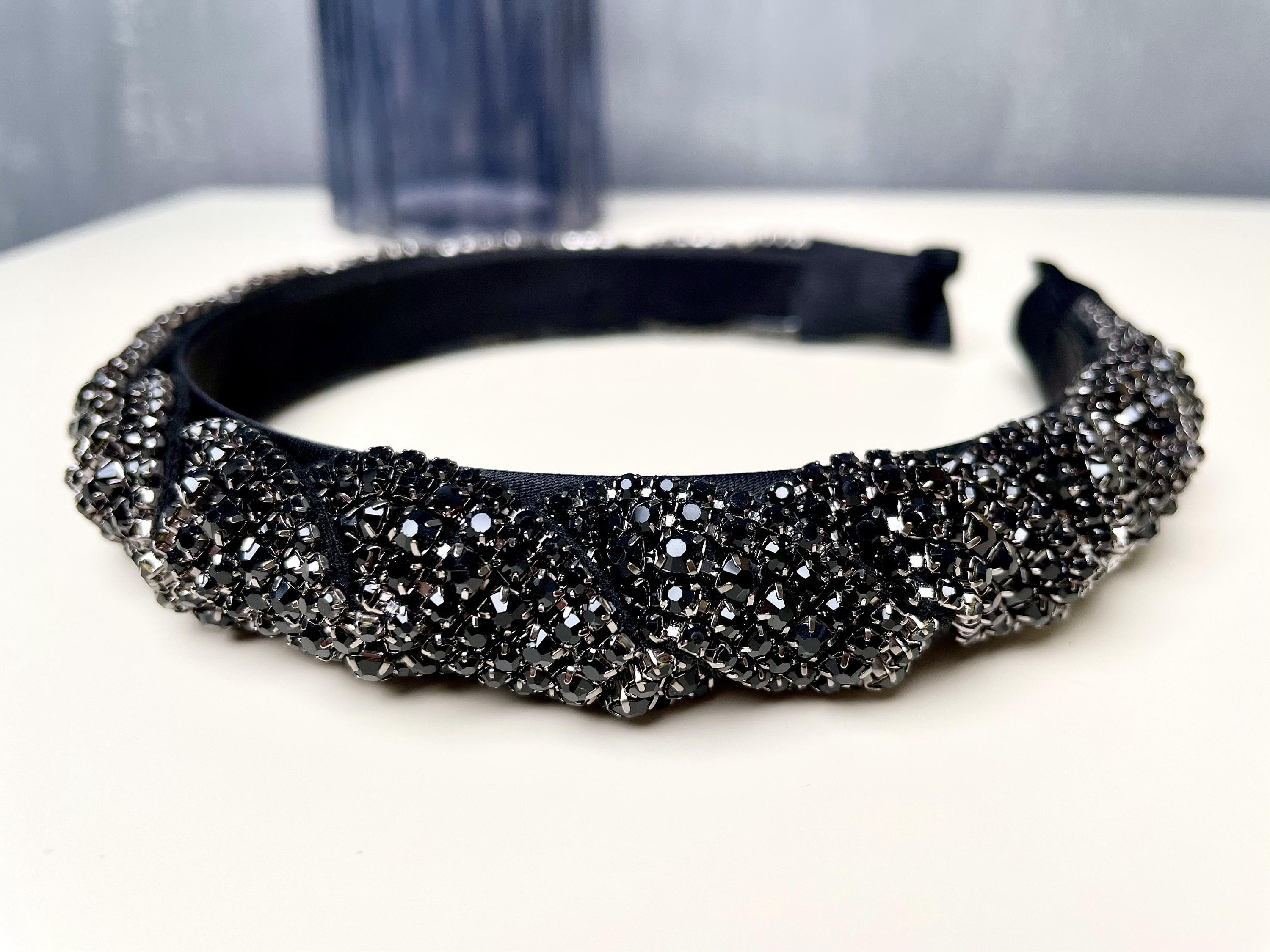 Bling Black Rhinestone Headband Crown Hair Band Women Braided Etsy