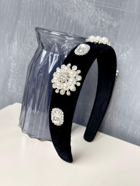 Black Velvet Rhinestone Pearl Headband,snowflake Headbands  display picture 1