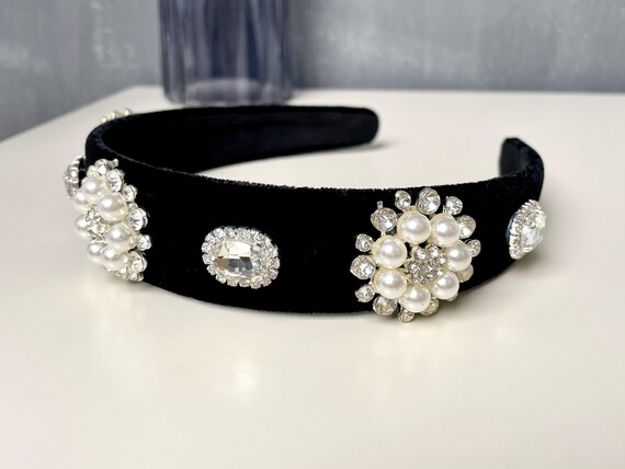 Black Velvet headband with pearl and crystal Amazon.com : Sinalty Black Velvet Wide Headbands Rhinestone  main image 2