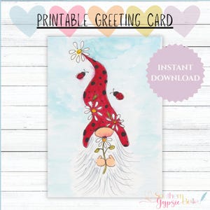Gnome with Ladybugs – 5x7 Hand-Drawn Digital Greeting Card PDF & JPG + Envelope | Bonus PNG for E-Card | Blank Inside | #95