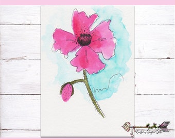 Hand Painted Watercolor Card - Pink Flower - Watercolor and Ink - Print from my original painting - Blank Card - All Occasion Card- SGB-47