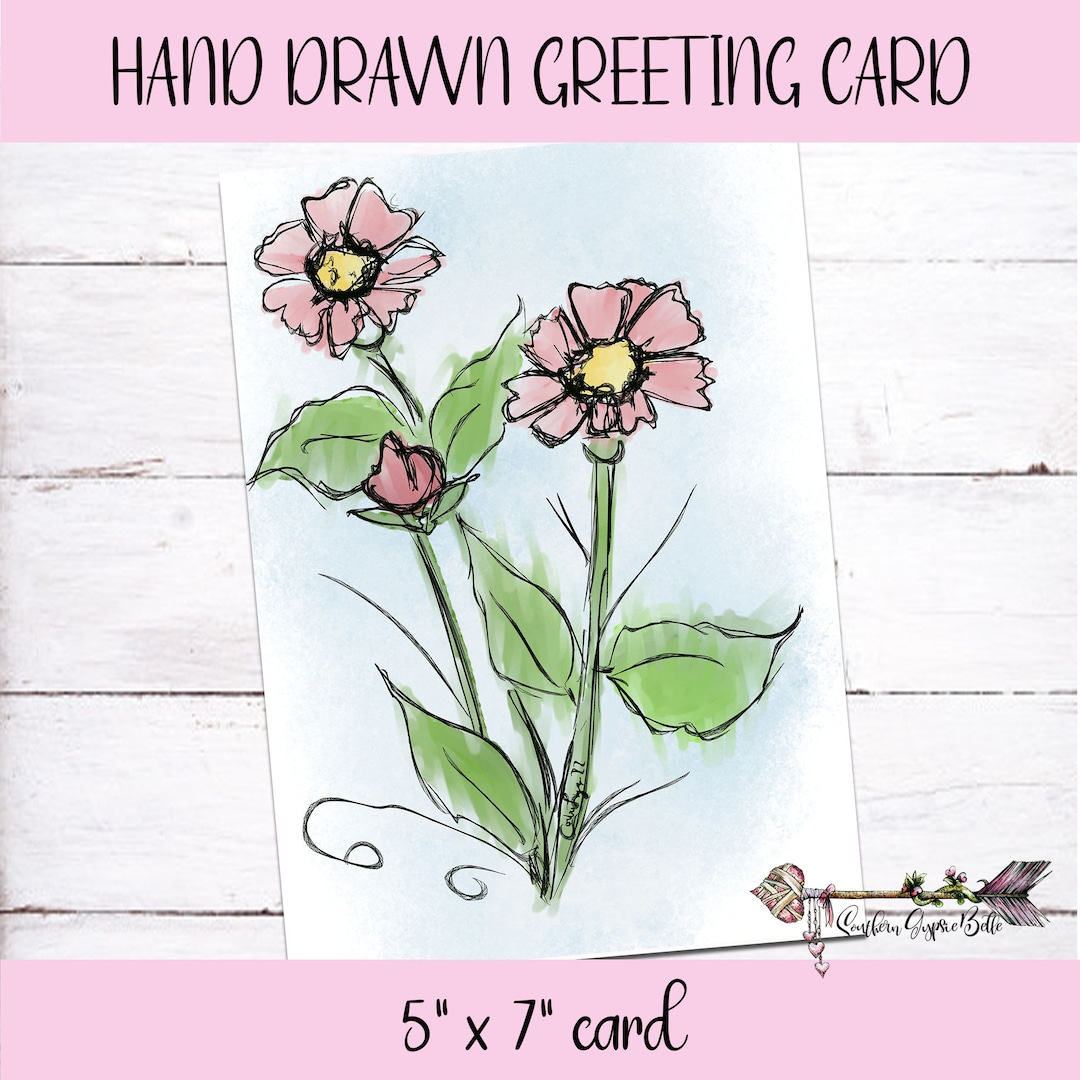 Hand Painted Watercolor Greeting Card Flowers Watercolor and Ink Blank ...