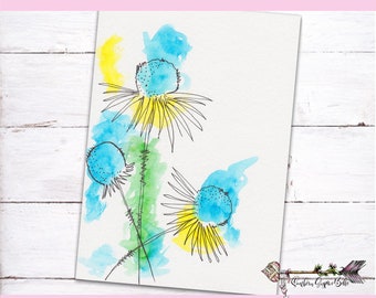 Hand Painted Watercolor Card - Daisies - Watercolor and Ink - Print from my original painting - Blank Card - All Occasion Card- SGB-26