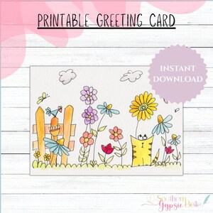 Biglietto d'auguri acquerello disegnato a mano / Biglietto stampabile 5x7 con busta / Interno vuoto / Download PDF e JPG / Gatto con fiori n. 35