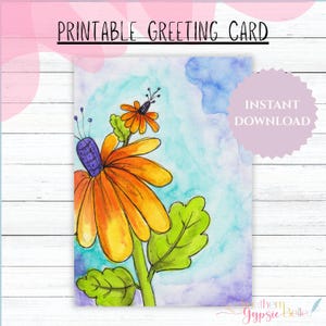 Biglietto d'auguri acquerello disegnato a mano / Biglietto stampabile 5x7 con busta / Interno vuoto / Download PDF e JPG / Fiori n. 43