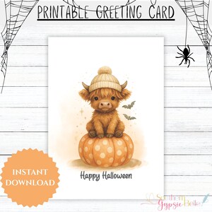 Printable Halloween Card – Cute Highland Cow on Polka Dot Pumpkin – Whimsical 5x7 Fall Greeting for Spooky Season Fun | #480