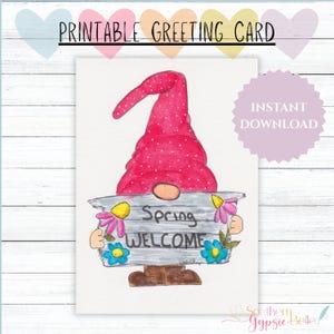 Gnome with Spring Welcome Sign – 5x7 Hand-Drawn Digital Greeting Card PDF & JPG + Envelope | Bonus PNG for E-Card | Blank Inside | #97