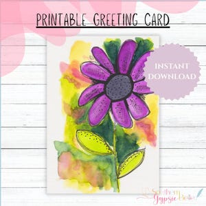 Biglietto d'auguri acquerello disegnato a mano / Biglietto stampabile 5x7 con busta / Interno vuoto / Download PDF e JPG / Fiore viola n. 48