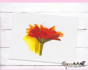 Hand Painted Watercolor Card - Orange Daisy - Watercolor and Ink - Blank Card - All Occasion Card- SGB-11