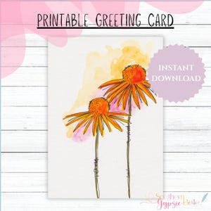 Biglietto d'auguri acquerello disegnato a mano / Biglietto stampabile 5x7 con busta / Interno vuoto / Download PDF e JPG / Margherite arancioni n. 25