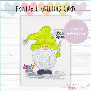 Gnome with Hello Spring Sign – 5x7 Hand-Drawn Digital Greeting Card PDF & JPG + Envelope | Bonus PNG for E-Card | Blank Inside | #96