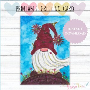 Gnome on Windy Hill – 5x7 Hand-Drawn Digital Greeting Card PDF & JPG + Envelope | Bonus PNG for E-Card | Blank Inside | #98