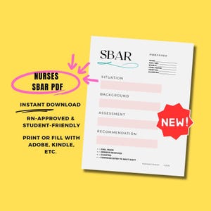 Puede incluir: Documento PDF SBAR blanco con secciones resaltadas en rosa para Situación, Antecedentes, Evaluación y Recomendación. El texto incluye "Nurses SBAR PDF", "Descarga instantánea" y "Aprobado por enfermeras y apto para estudiantes".