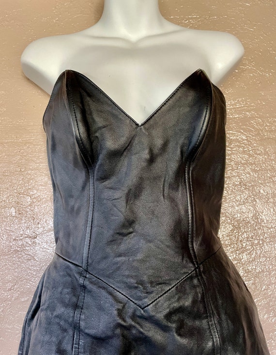 TANNERY WEST Vintage 80s Black LEATHER Bustier Dr… - image 4