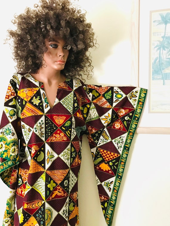 Vintage Angel Sleeve Tiki Dashiki Caftan Dress One