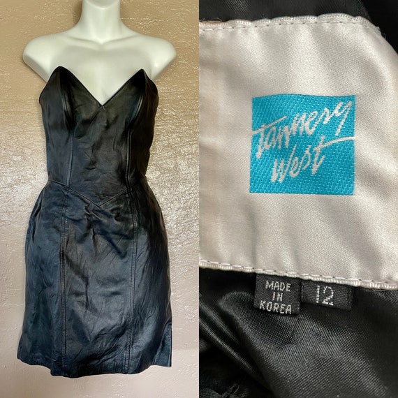 TANNERY WEST Vintage 80s Black LEATHER Bustier Dr… - image 3