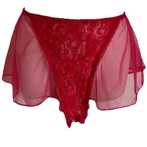 May include: Red lingerie with a sheer skirt and a lace panel. The lace panel is in the front and has a floral design. The skirt is made of a sheer fabric that drapes around the waist. The lingerie is a vibrant shade of red.