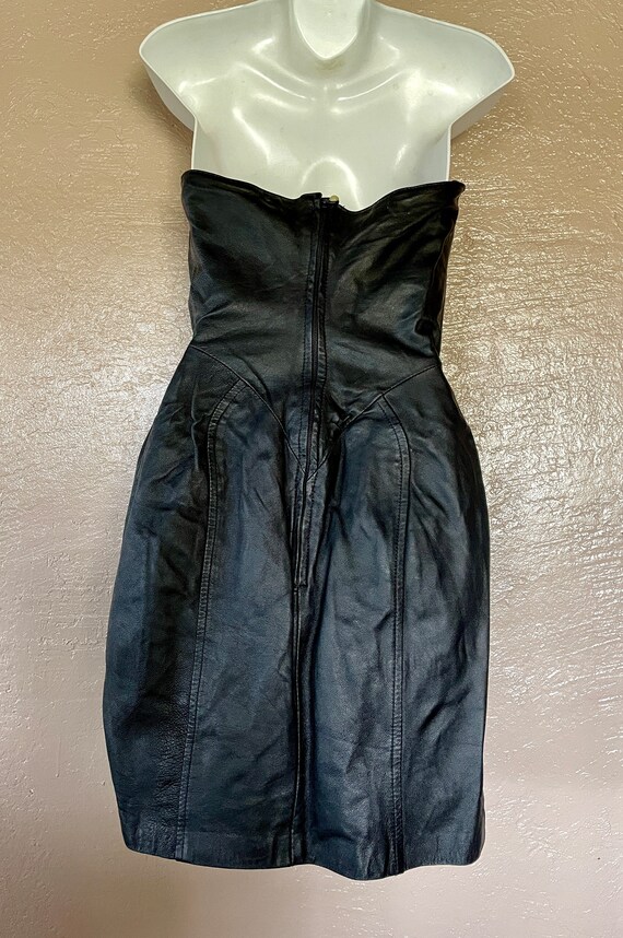 TANNERY WEST Vintage 80s Black LEATHER Bustier Dr… - image 2