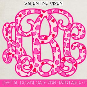 May include: A pink monogram design with the letters RBK, filled with small red and pink hearts. The words "VALENTINE VIXEN" are at the top. Additional text includes "52 HIGH RES PNG FILES", "300 DPI", "TRANSPARENT BACKGROUND", and "INTERLOCKING MONOGRAM".
