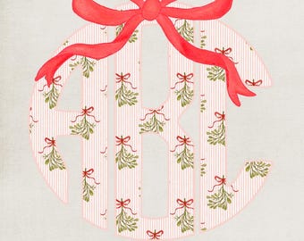 Rote Schleife Mistelzweig Streifen Monogramm PNG | Digitaler Download | Weihnachten Mistel Monogramm PNG | Rotes Mistelzweig Schleifen-Monogramm PNG | Weihnachten png