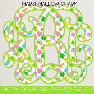 May include: A digital download featuring an interlocking monogram design with the text "Marshmallow Charm." The monogram is filled with colorful graphics of rainbows, hearts, and shamrocks. The design includes the text "Digital Download.PNG.Printable.Full Alphabet."