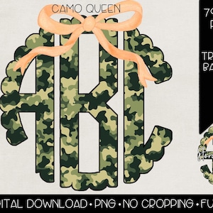 Camo Queen Monogram with Bow PNG | Digital Download | Bow Camouflage Monogram PNG Camo Coquette Monogram png | Camo Monogram Orange Bow png