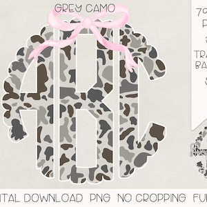 Grey Camo Monogram with Bow PNG | Digital Download | Gray Camo Monogram with Bow PNG | Bow Camouflage Monogram with Bow png | Coquette Camo
