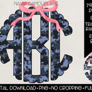 Navy Camouflage Monogram with Bow PNG | Digital Download | Navy Camo Monogram PNG | Coquette Camo Monogram PNG |