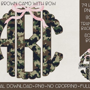 Brown Camouflage Monogram with Pink Bow PNG | Digital Download | Camo Monogram with Bow PNG | Brown Camo Coquette Monogram PNG | Girly Camo