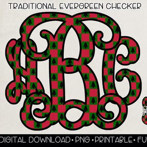 May include: A digital download featuring a monogram design with the letters "ABG". The letters are filled with a red and green checkerboard pattern with small green Christmas trees. The design includes the text "Traditional Evergreen Checker".