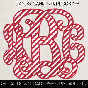 May include: A red and white candy cane interlocking monogram design. The image includes the text "CANDY CANE INTERLOCKING", "52 HIGH RES PNG FILES", "300 DPI", "TRANSPARENT BACKGROUND", "INTERLOCKING MONOGRAM", and "DIGITAL DOWNLOAD.PNG.PRINTABLE.FULL ALPHABET".