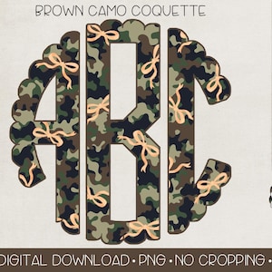Brown Camo Coquette Monogram PNG | Digital Download | Brown Camouflage Monogram with Orange Bows PNG | Camouflage Coquette Monogram png |