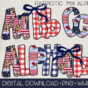 Patriotic Patchwork Bow Alphabet PNG | Digital Download | Fourth of July Mixed Alphabet Pack PNG | Patriotic Leopard Coquette Alphabet PNG |