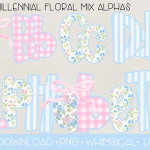 Grandmillennial Floral Mix Bow Alphabet PNG | Digital Download | Grandmillennial Bow Alphabet PNG | Hydrangea Floral Gingham Stripe Alpha