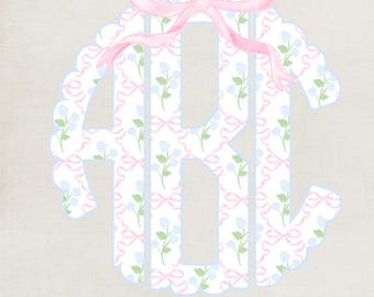 Monograma de hortensias azules con lazos rosas PNG / Descarga digital / Monograma Grandmillennial PNG / Monograma de cintas, lazos y flores PNG /