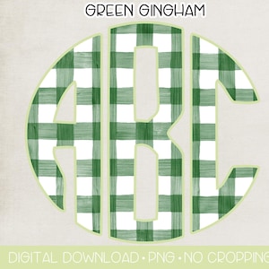 Puede incluir: Monograma circular de cuadros verdes con las letras ABC. El diseño presenta un patrón de cuadros verdes y blancos. El texto incluye "GREEN GINGHAM", "78 HIGH RES PNG FILES", "300 DPI", "TRANSPARENT BACKGROUND", "CIRCLE MONOGRAM" y "DIGITAL DOWNLOAD PNG NO CROPPING FULL ALPHA".