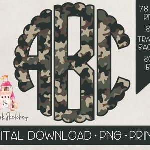 Camo Monogram PNG File | Camouflage Monogram with Scalloped Border | Camouflage PNG Digital Download | Muted Camo Clipart | Camo Alpha