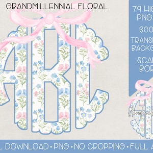 Grandmillennial Floral Bow Monogram PNG | Digital Download | Spring Floral Monogram PNG | Grandmillennial Monogram PNG | Grandmillennial png