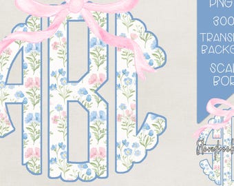 Grandmillennial Floral Bow Monogram PNG | Digital Download | Spring Floral Monogram PNG | Grandmillennial Monogram PNG | Grandmillennial png