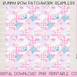 Papel digital sem costura com estampa de coelho e laço em estilo patchwork PNG | Download digital | Papel digital sem costura com coelho da Páscoa em patchwork PNG |